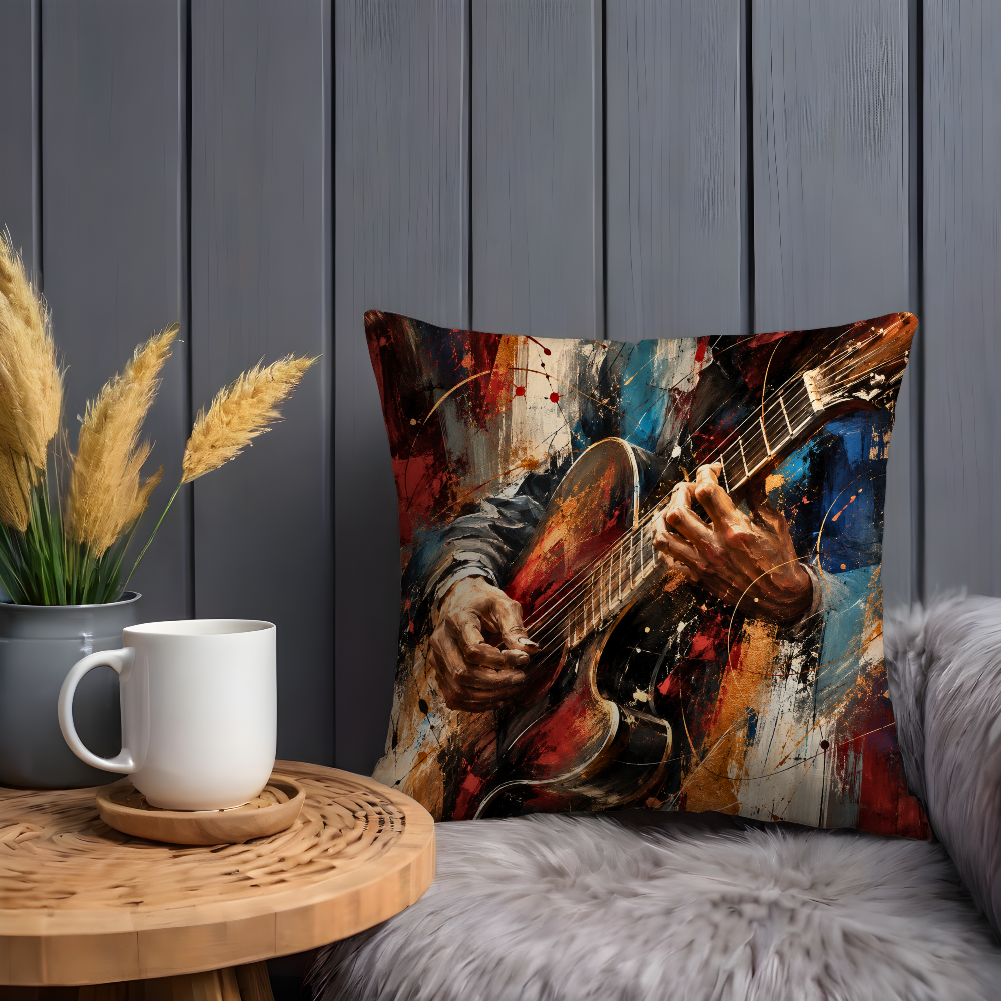 Abstract Guitarist Pillow Cover | Expressive Music Art | Gold Crackle Decor