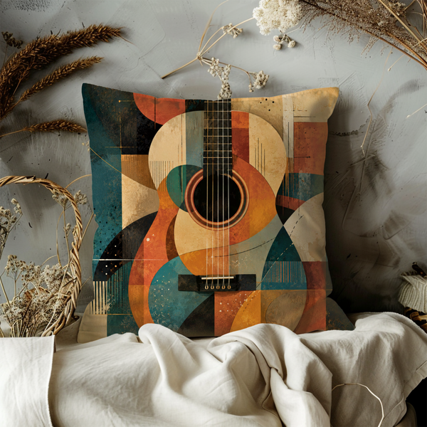 Abstract Acoustic Guitar Pillow Cover – Geometric Music Art | Gold Crackle Decor
