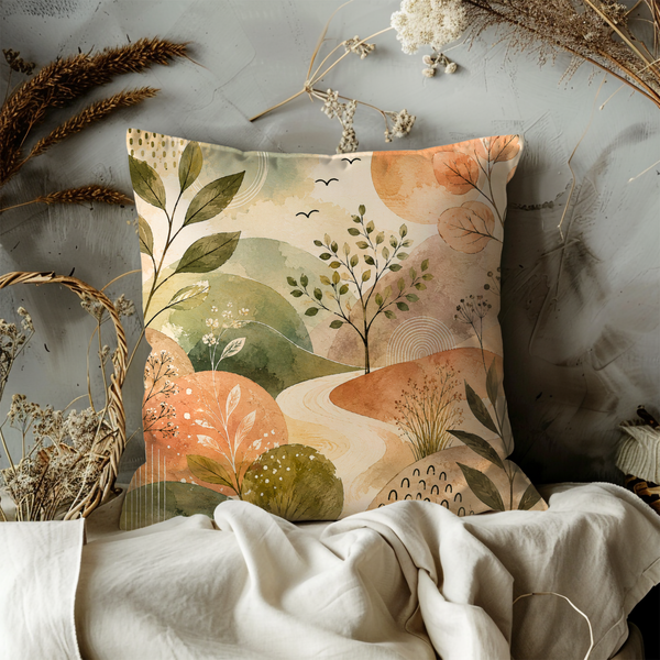 Serene Landscape Pillow Cover – Boho Nature Art | Gold Crackle Decor