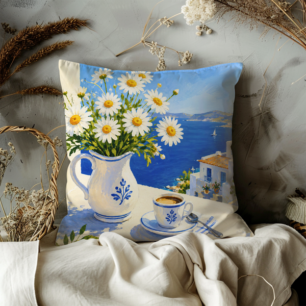 Greek Daisies Coffee Pillow Cover – Mediterranean Art | Gold Crackle Decor
