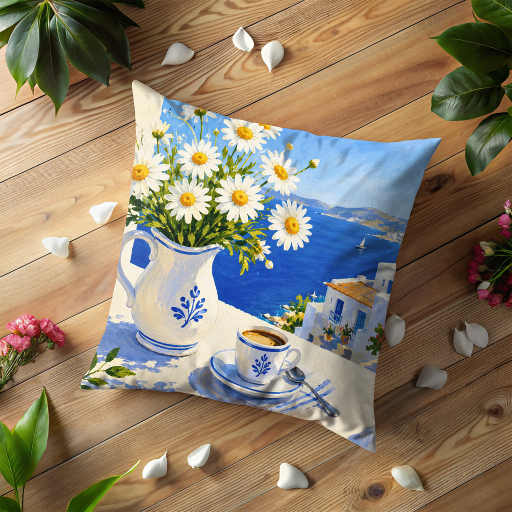 Greek Daisies Coffee Pillow Cover | Mediterranean Art | Gold Crackle Decor