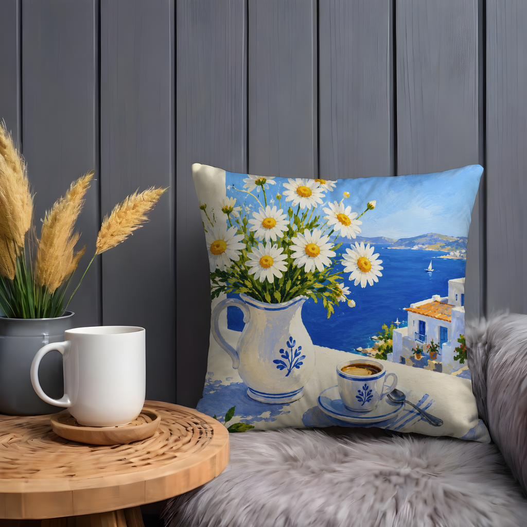 Greek Daisies Coffee Pillow Cover | Mediterranean Art | Gold Crackle Decor
