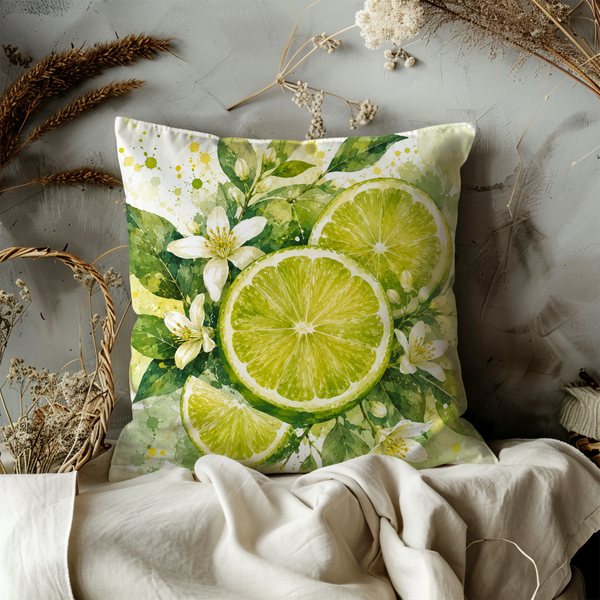 Lime Blossom Pillow Cover – Fresh Citrus Art | Gold Crackle Decor