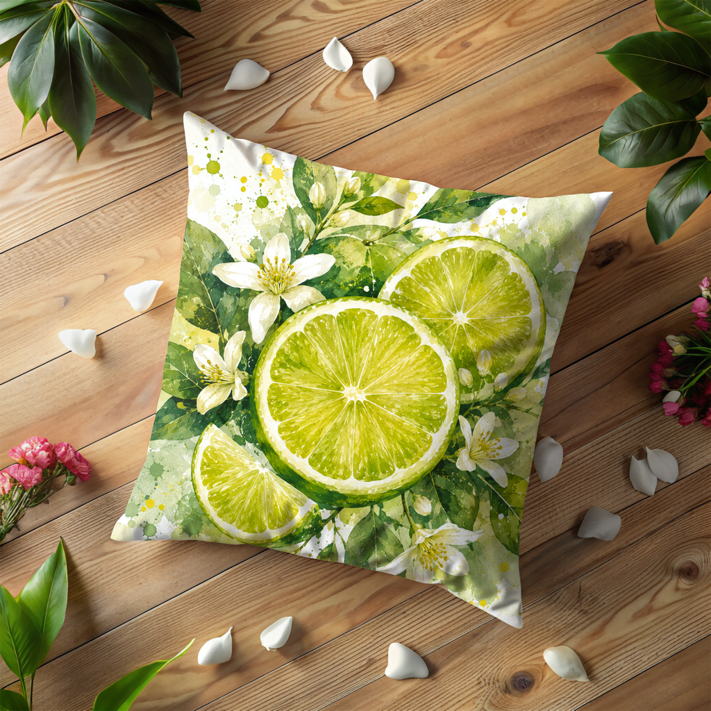 Lime Blossom Pillow Cover | Fresh Citrus Art | Gold Crackle Decor