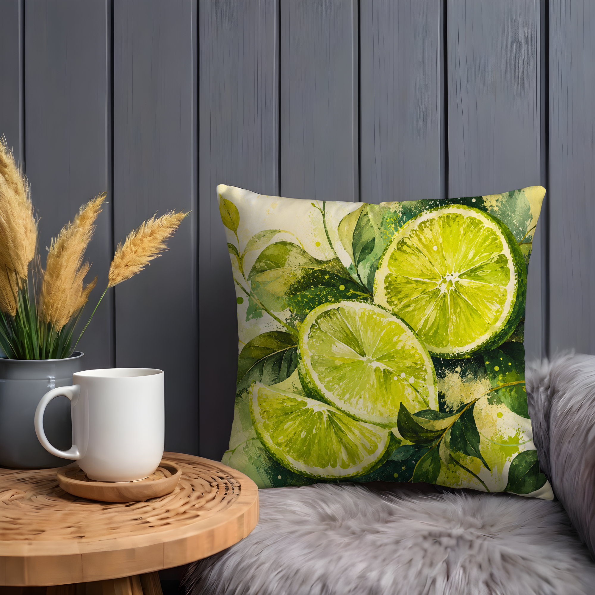 Lime Slices Pillow Cover | Fresh Citrus Art | Gold Crackle Decor