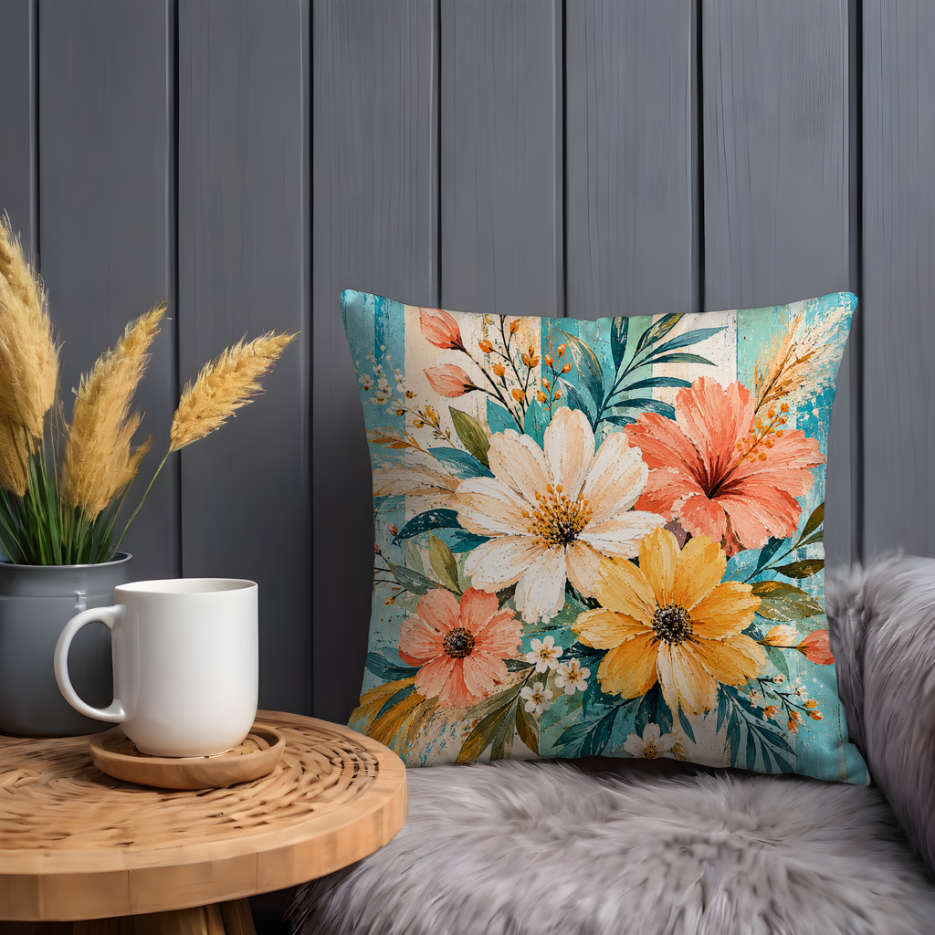 Vibrant Floral Pillow Cover | Boho Garden Art | Gold Crackle Decor