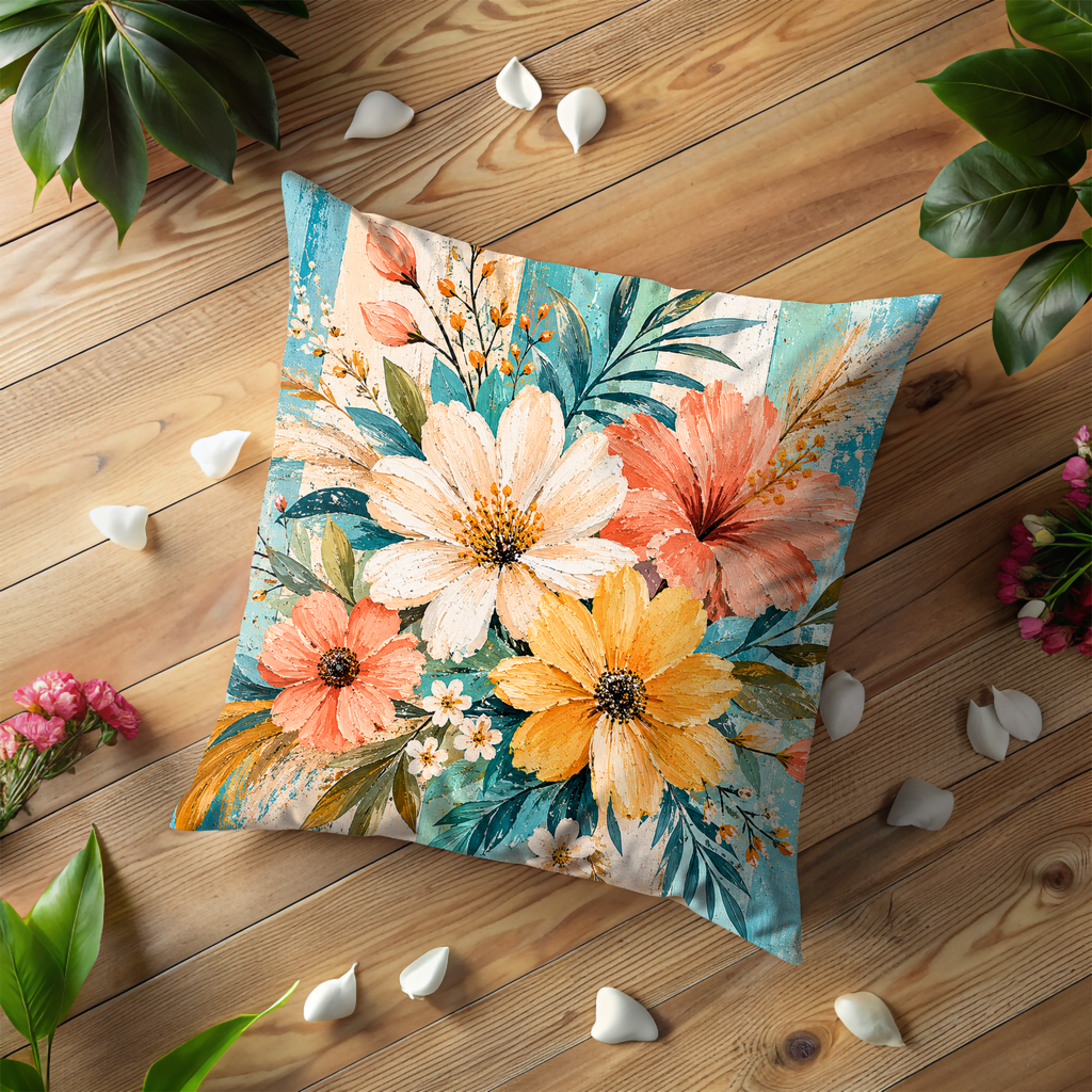 Vibrant Floral Pillow Cover | Boho Garden Art | Gold Crackle Decor