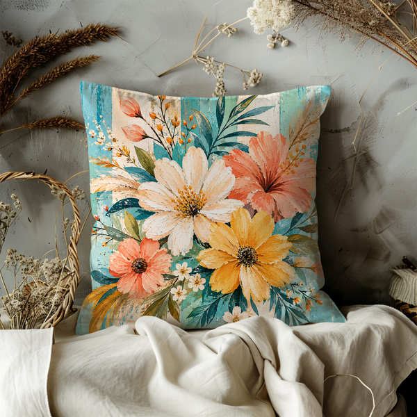 Vibrant Floral Pillow Cover – Boho Garden Art | Gold Crackle Decor