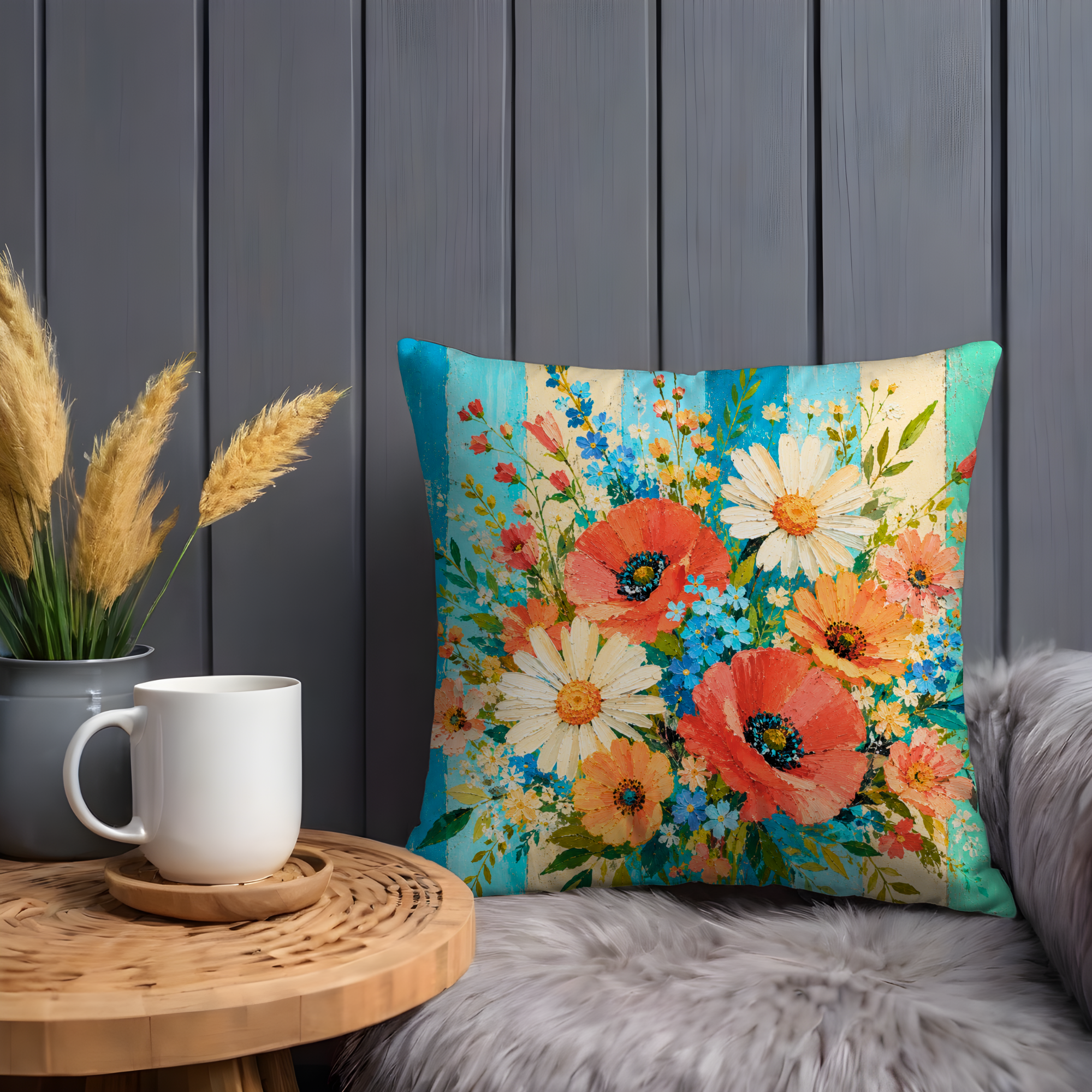 Wildflower Bouquet Pillow Cover | Boho Floral Art | Gold Crackle Decor