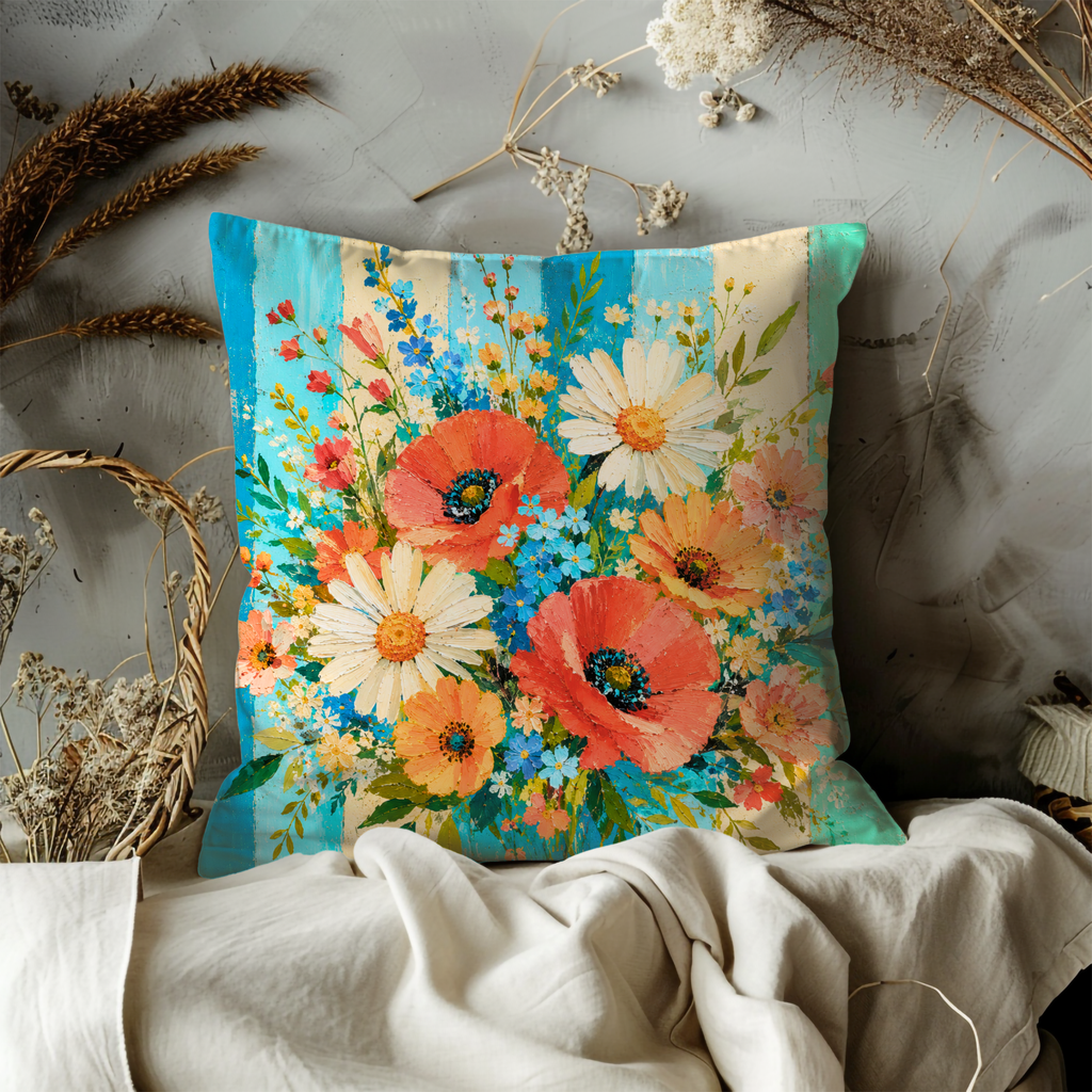 Wildflower Bouquet Pillow Cover | Boho Floral Art | Gold Crackle Decor