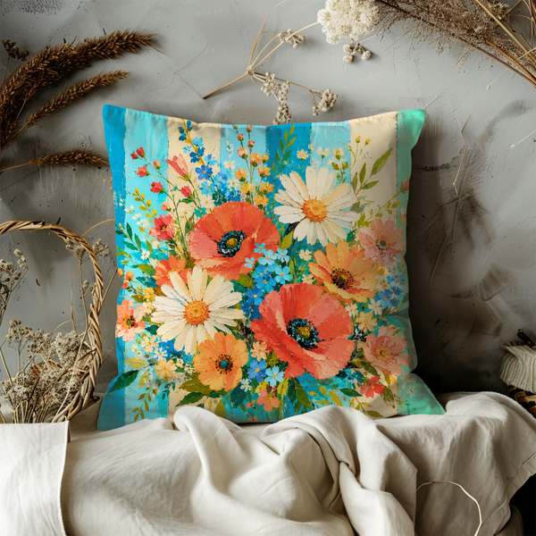 Wildflower Bouquet Pillow Cover – Boho Floral Art | Gold Crackle Decor