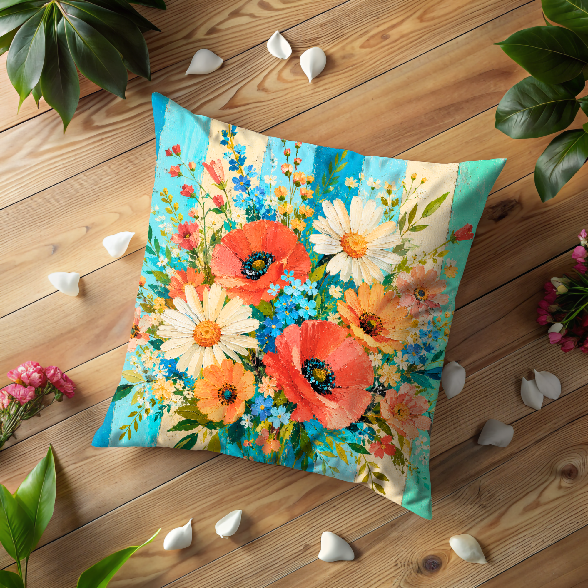 Wildflower Bouquet Pillow Cover | Boho Floral Art | Gold Crackle Decor