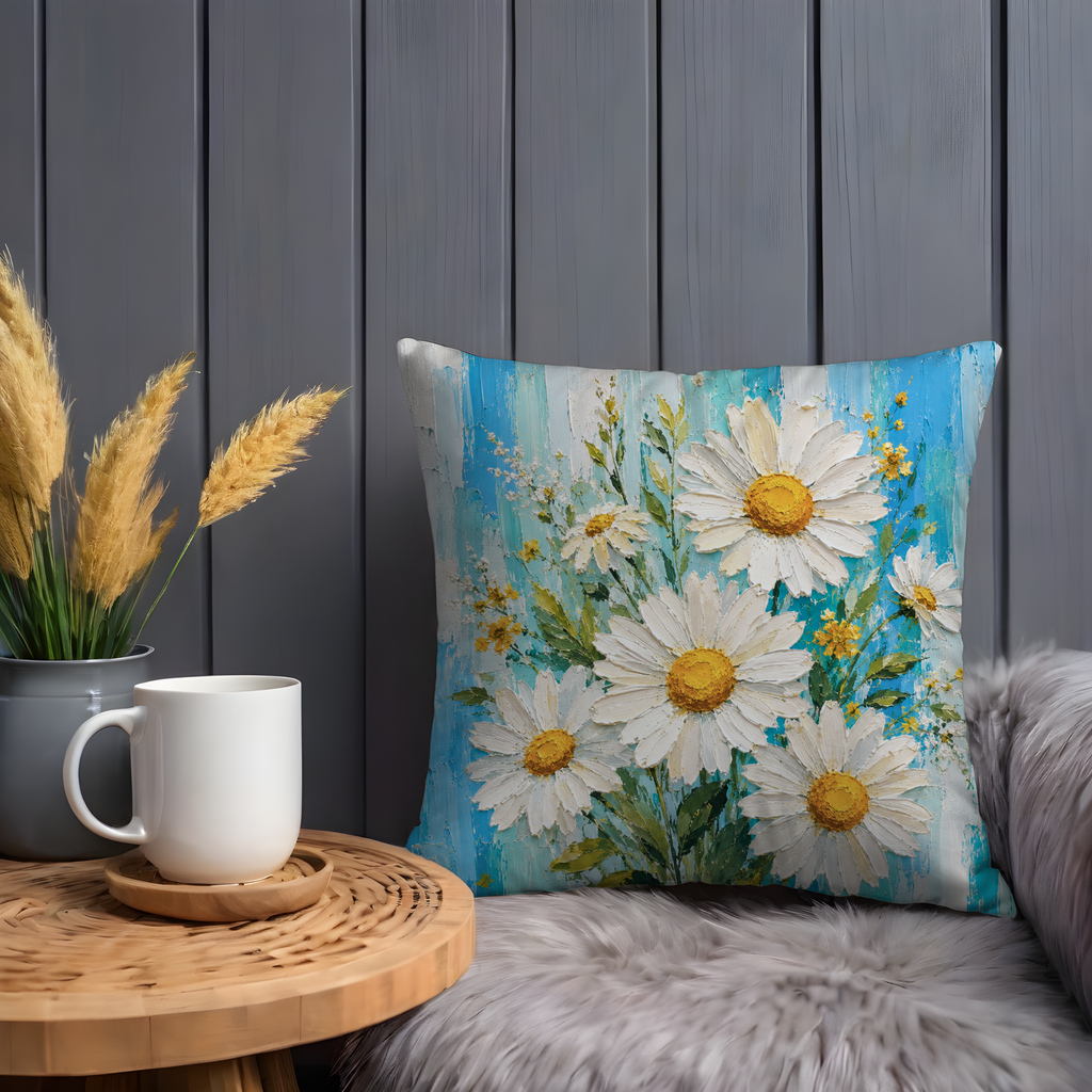 Daisy Bouquet Pillow Cover | Blue Stripe Floral Art | Gold Crackle Decor