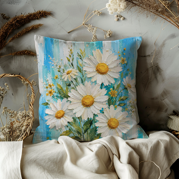 Daisy Bouquet Pillow Cover – Blue Stripe Floral Art | Gold Crackle Decor