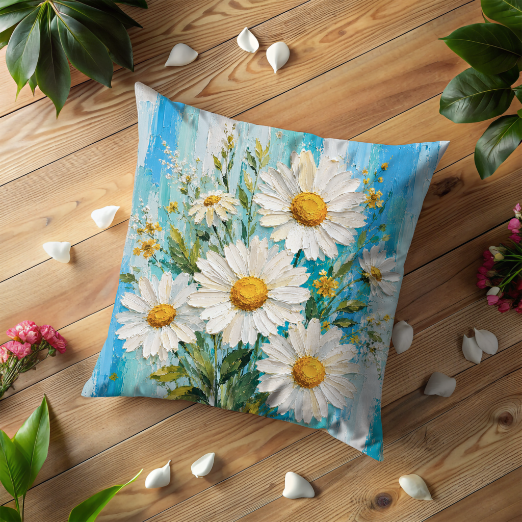 Daisy Bouquet Pillow Cover | Blue Stripe Floral Art | Gold Crackle Decor
