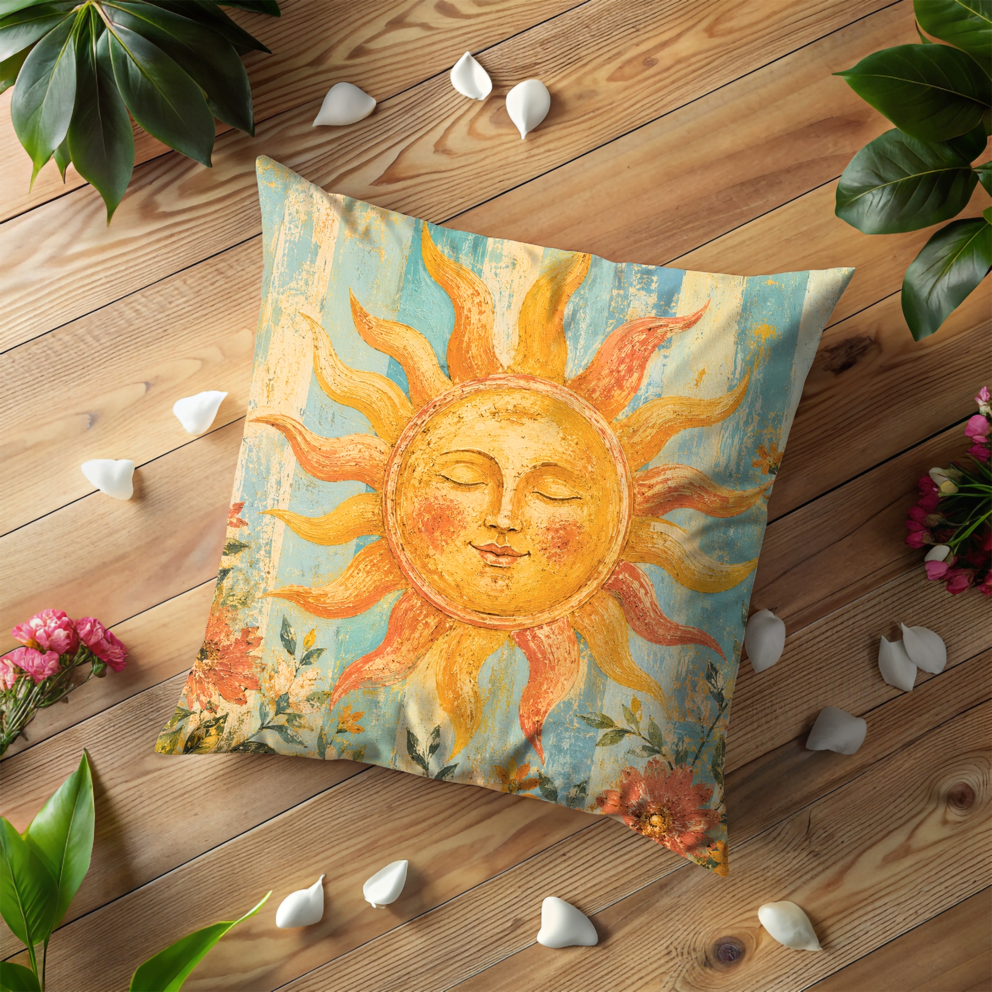 Celestial Sun Pillow Cover | Boho Solar Art | Gold Crackle Decor