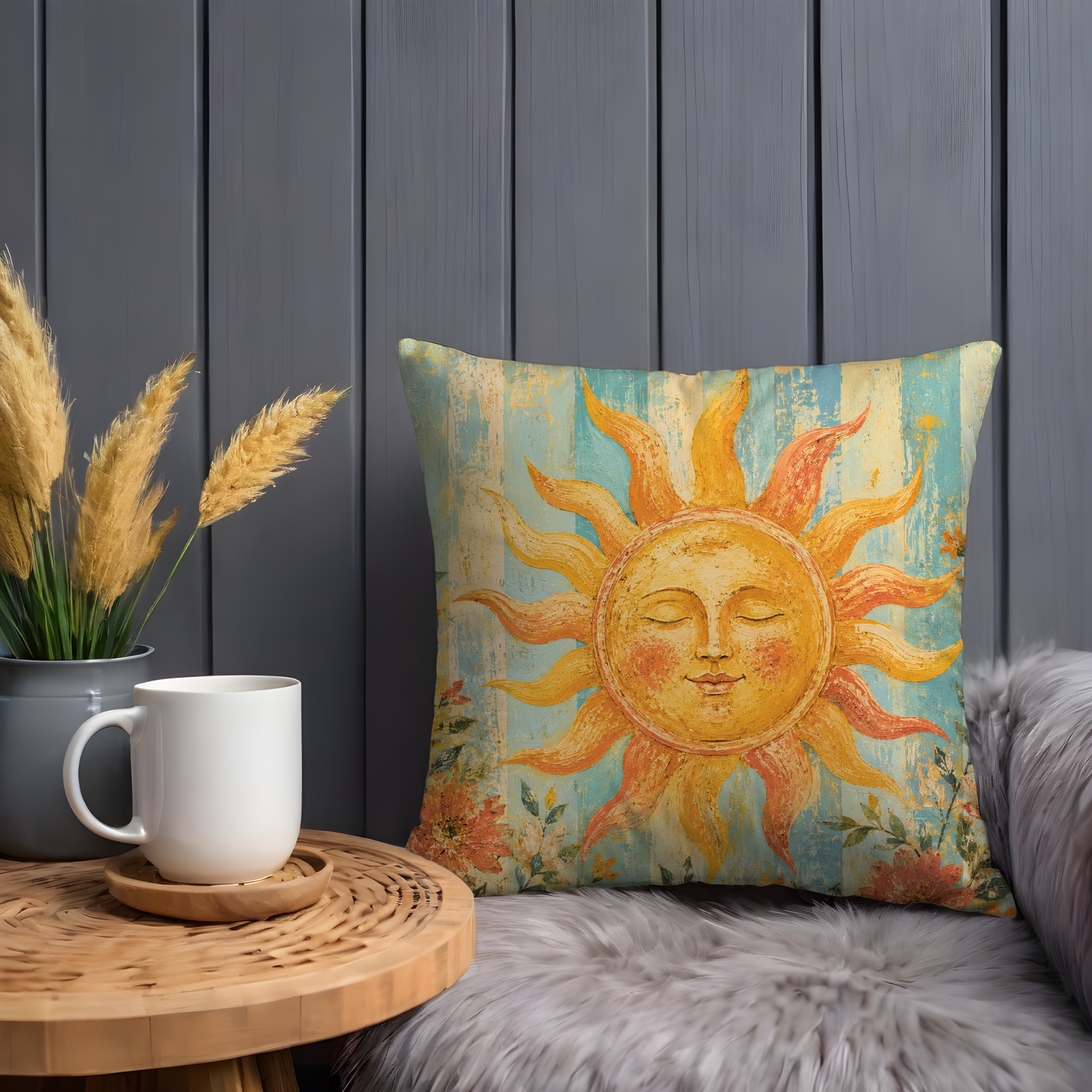 Celestial Sun Pillow Cover | Boho Solar Art | Gold Crackle Decor