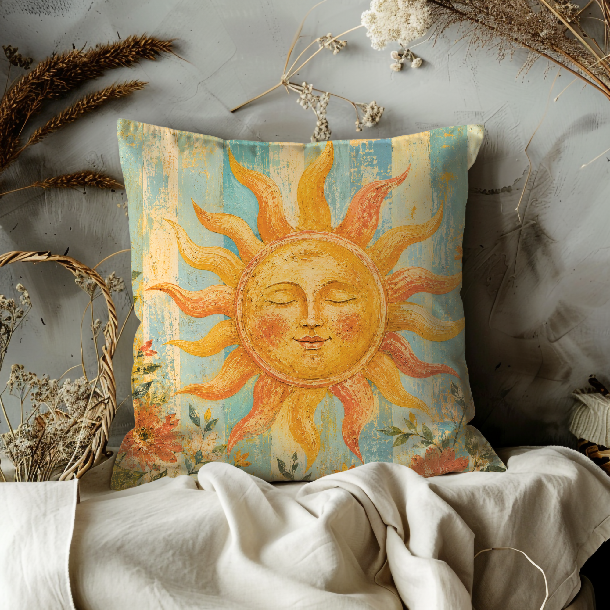 Celestial Sun Pillow Cover | Boho Solar Art | Gold Crackle Decor