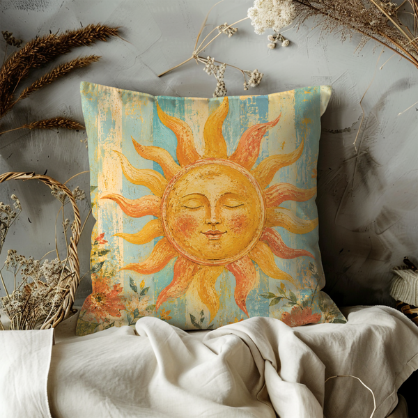 Celestial Sun Pillow Cover – Boho Solar Art | Gold Crackle Decor