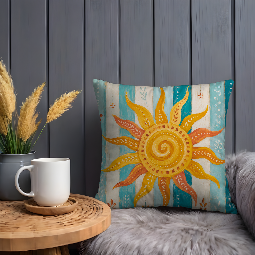 Spiral Sun Pillow Cover | Boho Celestial Art | Gold Crackle Decor