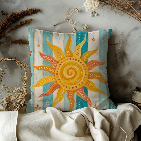 Spiral Sun Pillow Cover – Boho Celestial Art | Gold Crackle Decor