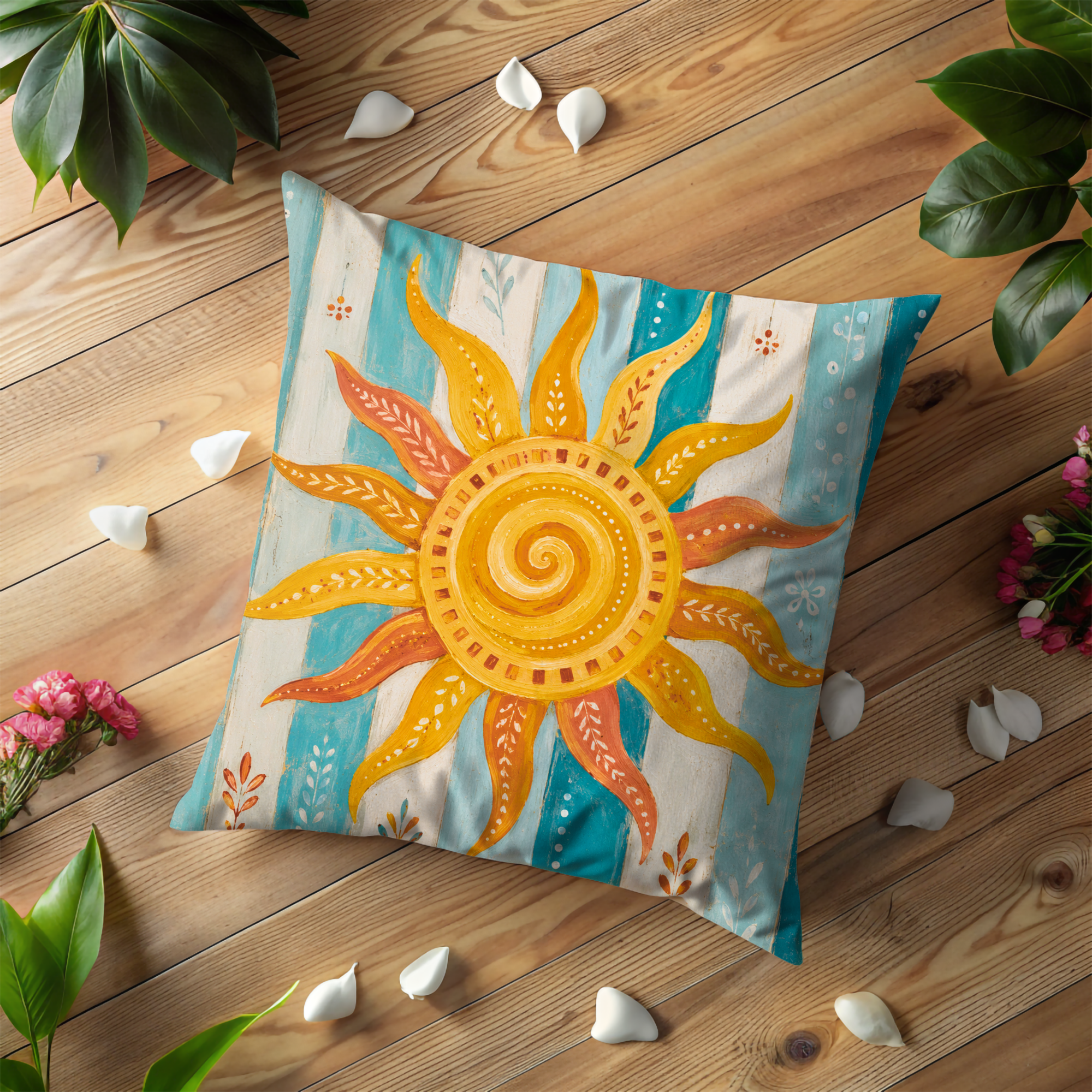 Spiral Sun Pillow Cover | Boho Celestial Art | Gold Crackle Decor