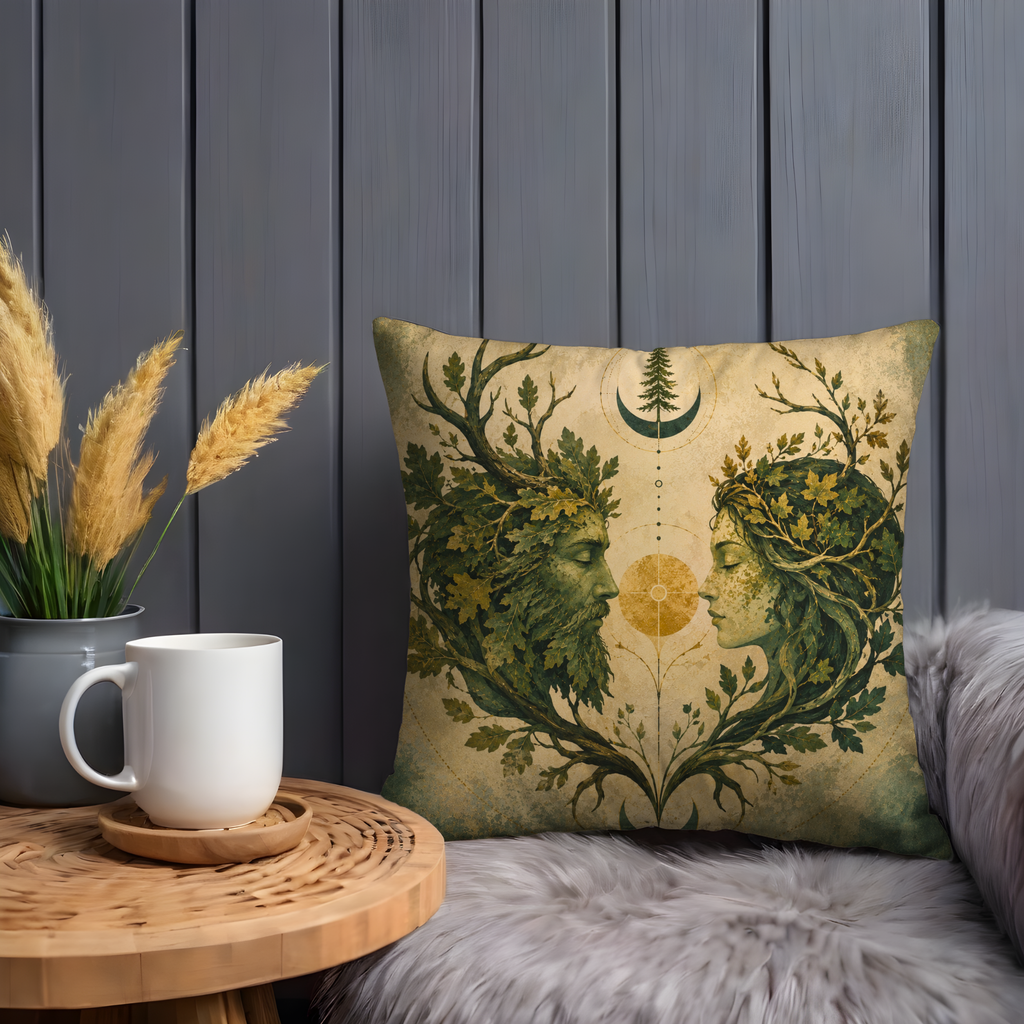 Green Man Woman Pillow Cover | Pagan Nature Art | Gold Crackle Decor