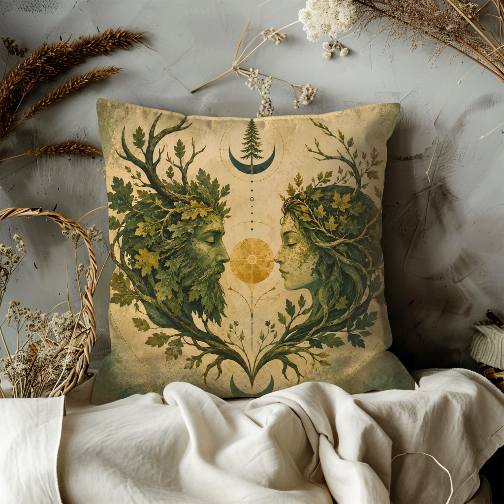 Green Man Woman Pillow Cover | Pagan Nature Art | Gold Crackle Decor