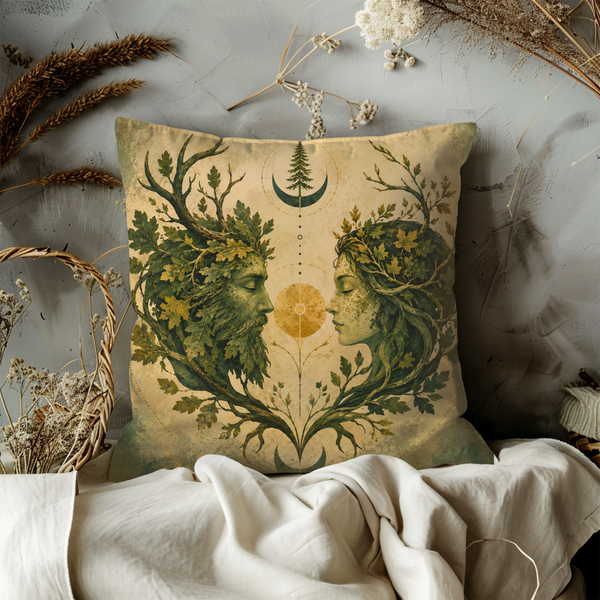 Green Man Woman Pillow Cover – Pagan Nature Art | Gold Crackle Decor