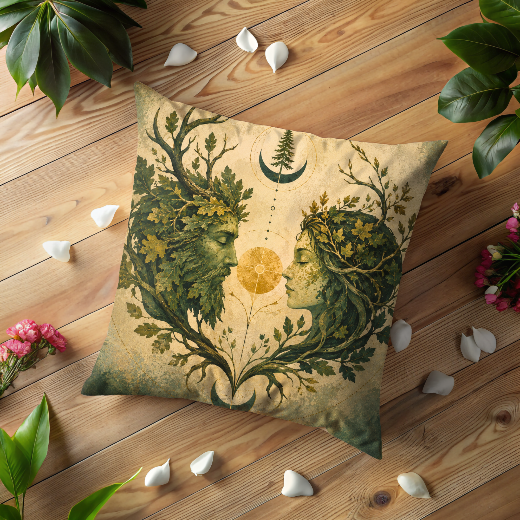 Green Man Woman Pillow Cover | Pagan Nature Art | Gold Crackle Decor