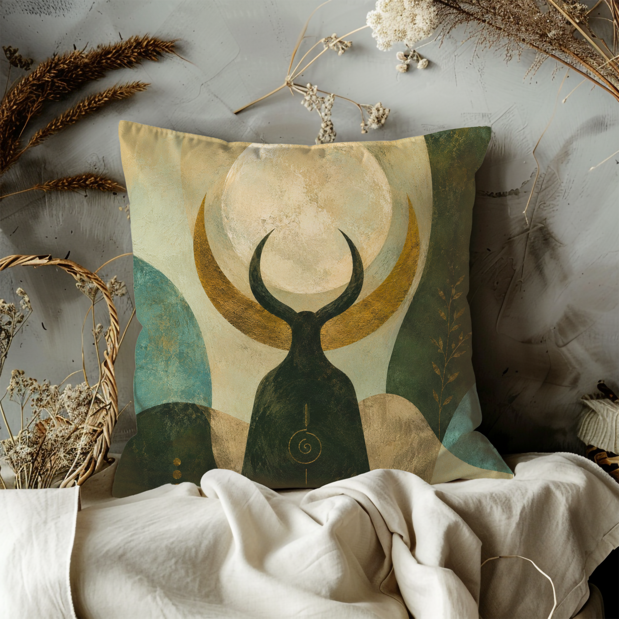 Horned Moon Pillow Cover | Pagan Nature Art | Gold Crackle Decor