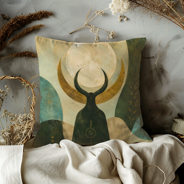 Horned Moon Pillow Cover – Pagan Nature Art | Gold Crackle Decor