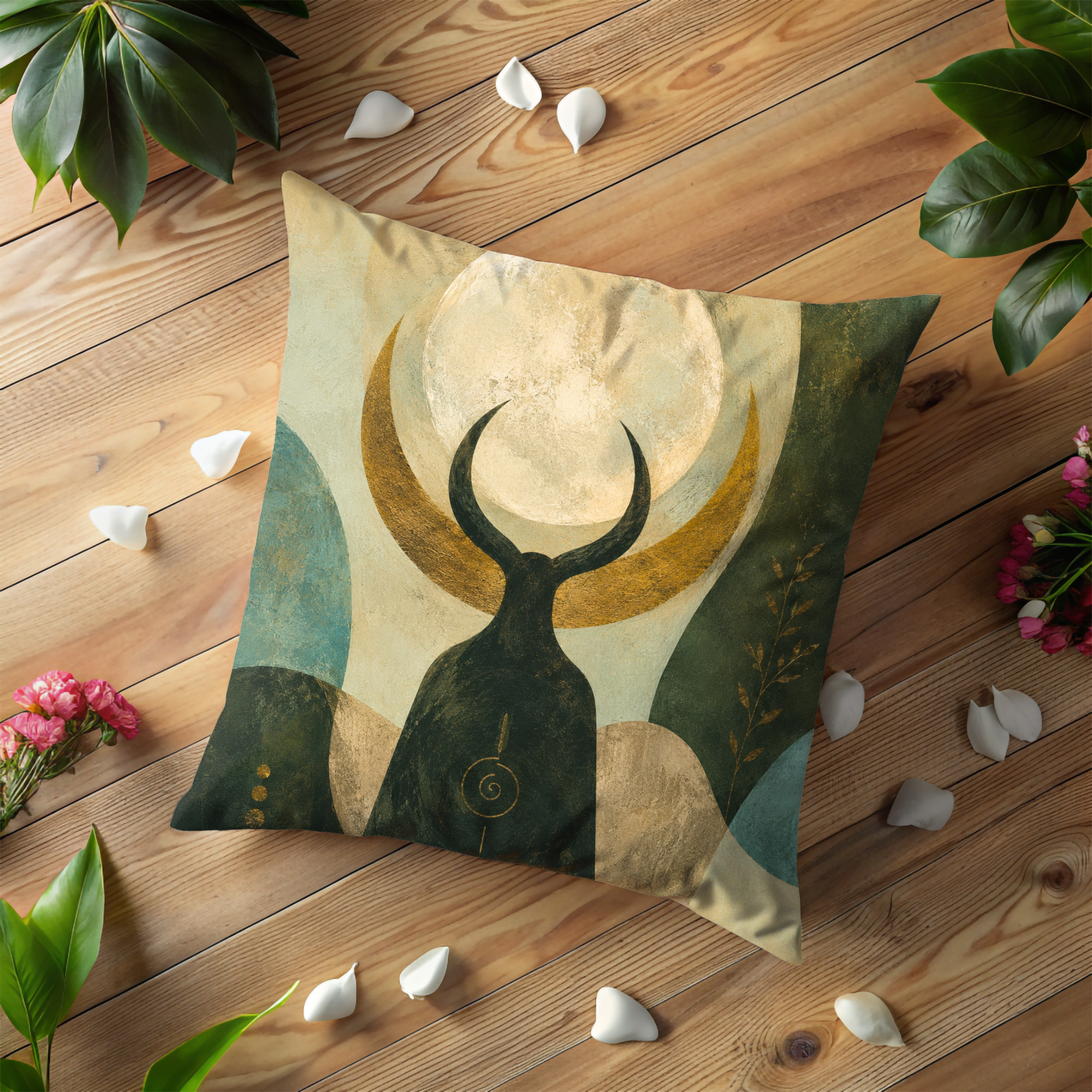 Horned Moon Pillow Cover | Pagan Nature Art | Gold Crackle Decor