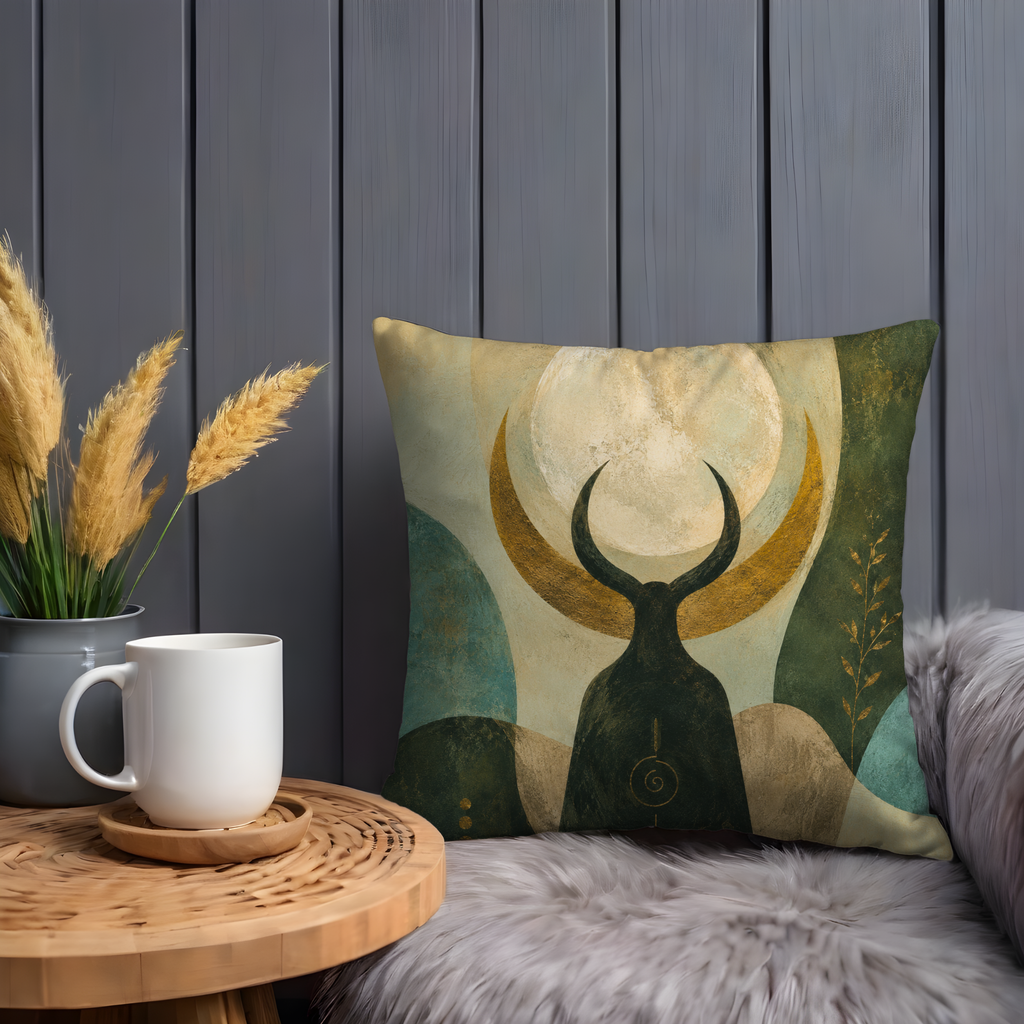 Horned Moon Pillow Cover | Pagan Nature Art | Gold Crackle Decor