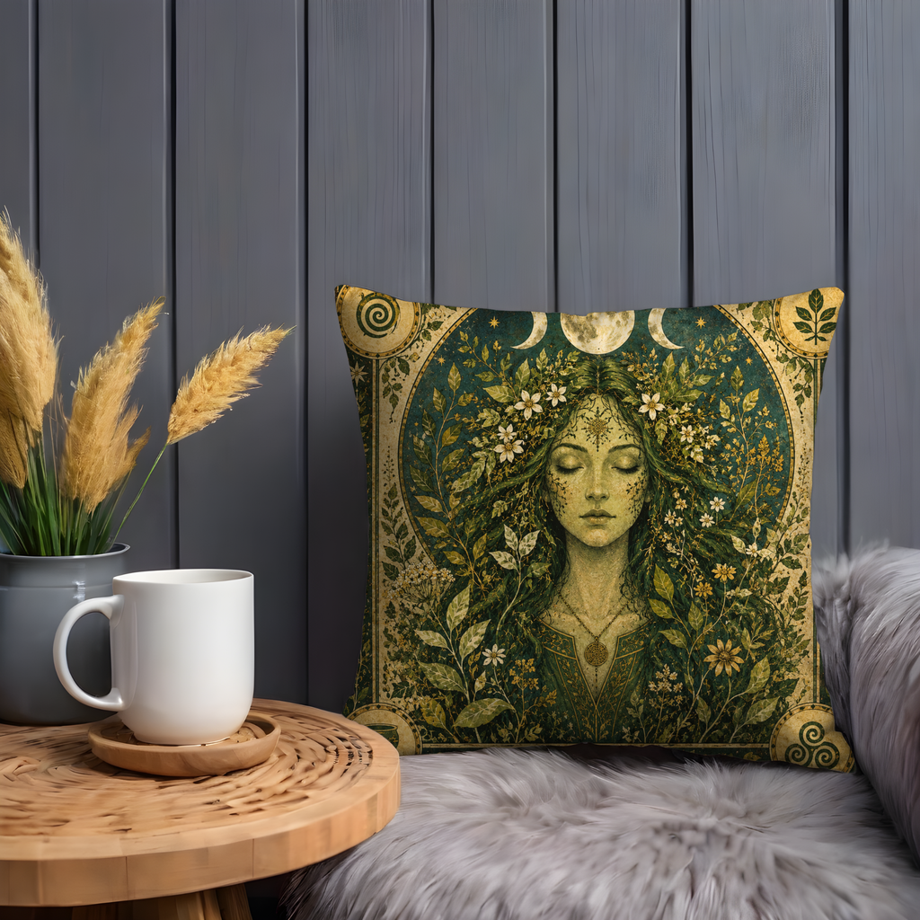 Forest Goddess Pillow Cover | Pagan Nature Art | Gold Crackle Decor