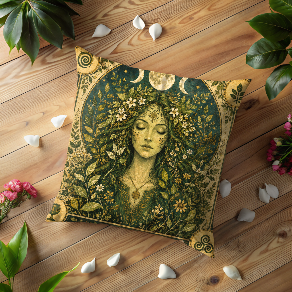 Forest Goddess Pillow Cover | Pagan Nature Art | Gold Crackle Decor