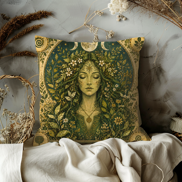 Forest Goddess Pillow Cover – Pagan Nature Art | Gold Crackle Decor