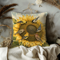 Sunflower Birds Pillow Cover | Garden Wildlife Art | Gold Crackle Decor