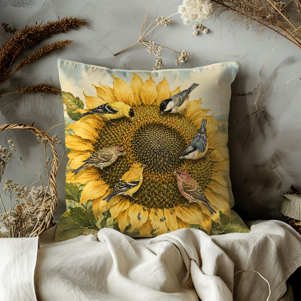 Sunflower Birds Pillow Cover – Garden Wildlife Art | Gold Crackle Decor