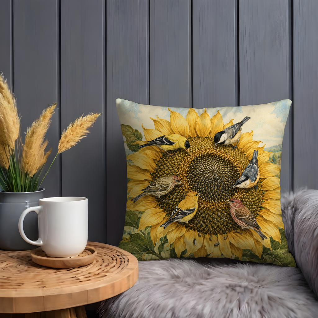 Sunflower Birds Pillow Cover | Garden Wildlife Art | Gold Crackle Decor