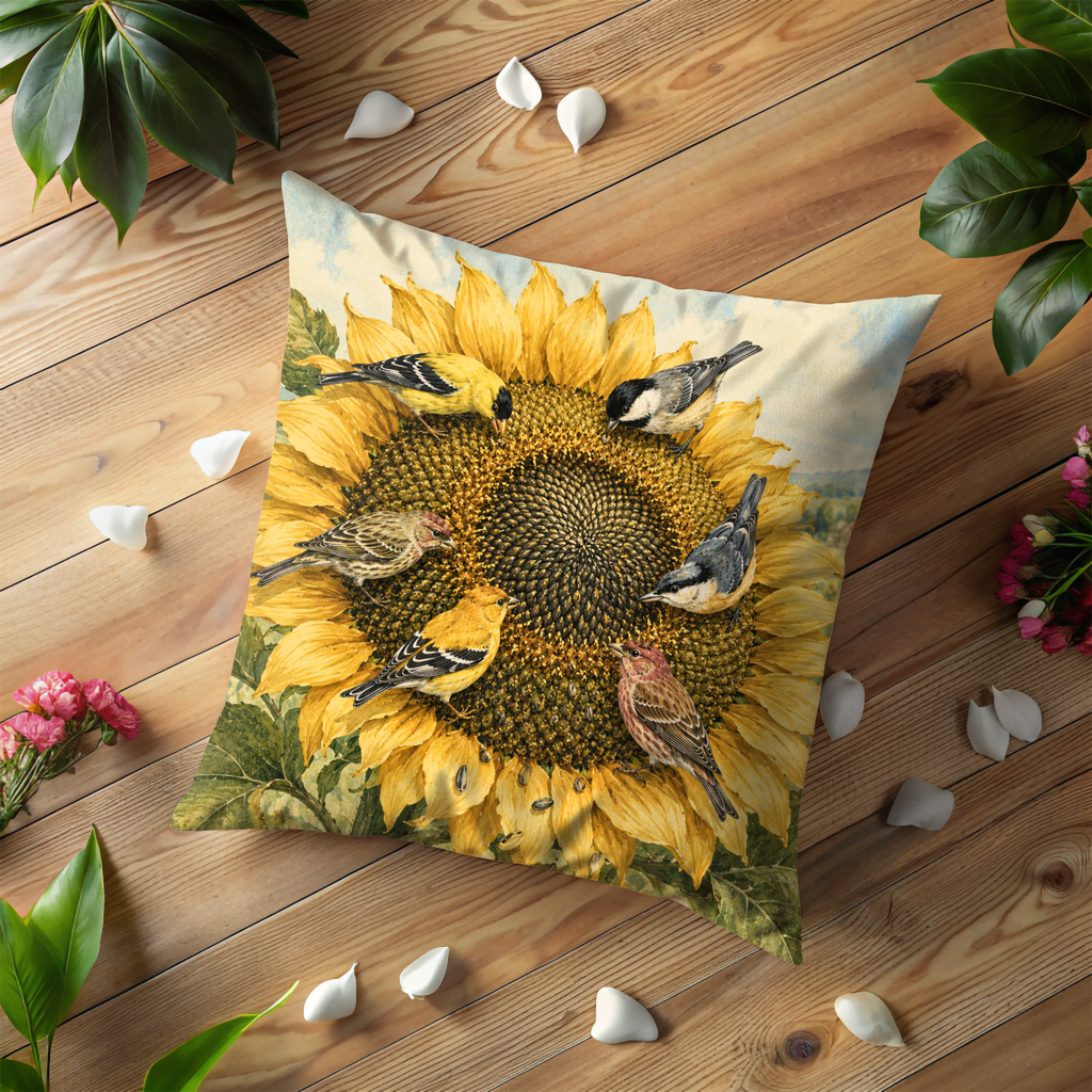 Sunflower Birds Pillow Cover | Garden Wildlife Art | Gold Crackle Decor