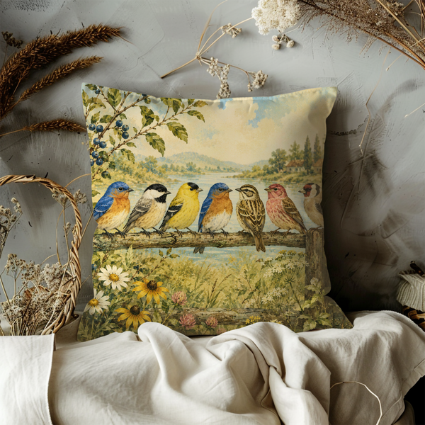 Birds on Branch Pillow Cover – Wildlife Nature Art | Gold Crackle Decor