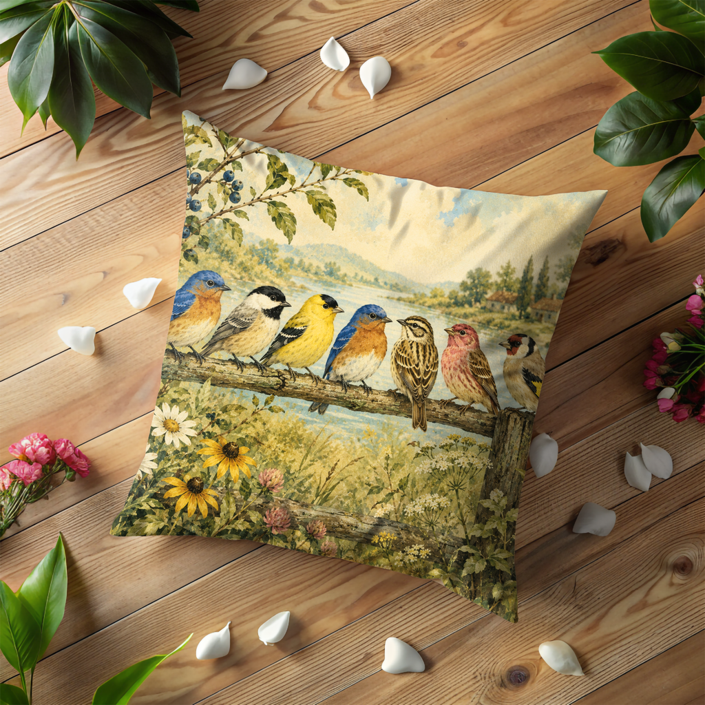 Birds on Branch Pillow Cover | Wildlife Nature Art | Gold Crackle Decor