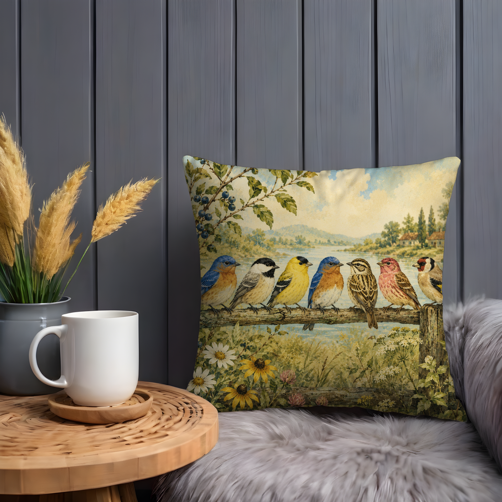 Birds on Branch Pillow Cover | Wildlife Nature Art | Gold Crackle Decor