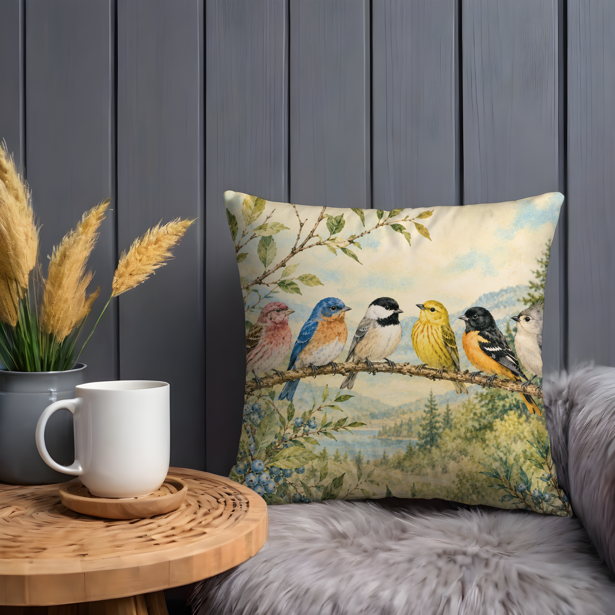 Colorful Birds Pillow Cover | Nature Wildlife Art | Gold Crackle Decor