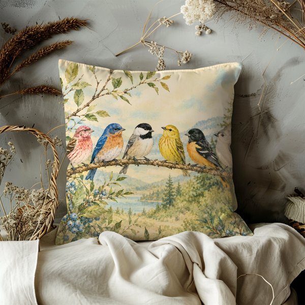 Colorful Birds Pillow Cover – Nature Wildlife Art | Gold Crackle Decor