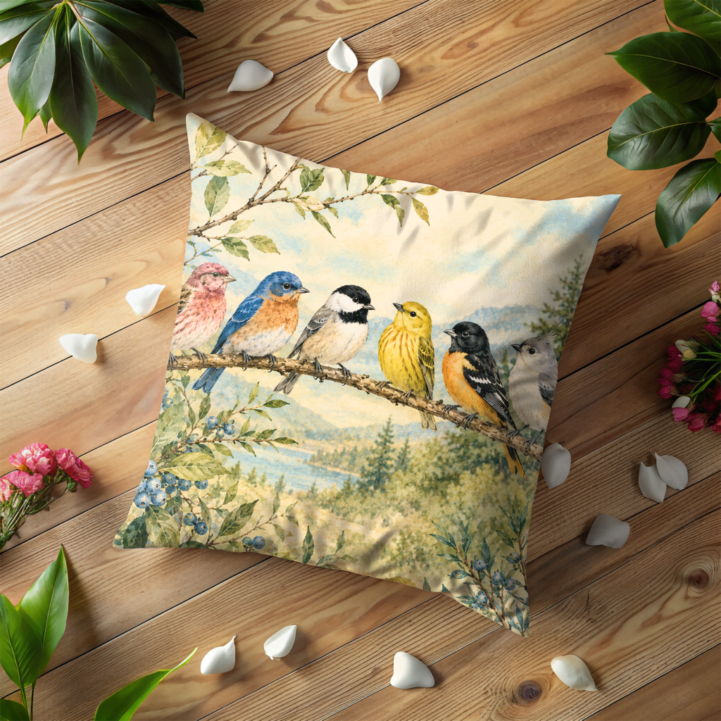 Colorful Birds Pillow Cover | Nature Wildlife Art | Gold Crackle Decor