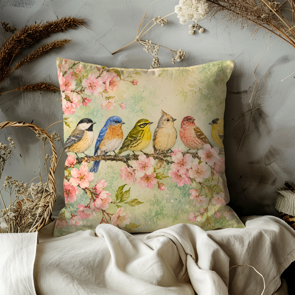 Cherry Blossom Birds Pillow Cover | Spring Nature Art | Gold Crackle Decor