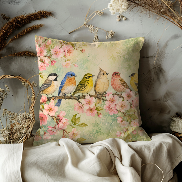 Cherry Blossom Birds Pillow Cover – Spring Nature Art | Gold Crackle Decor