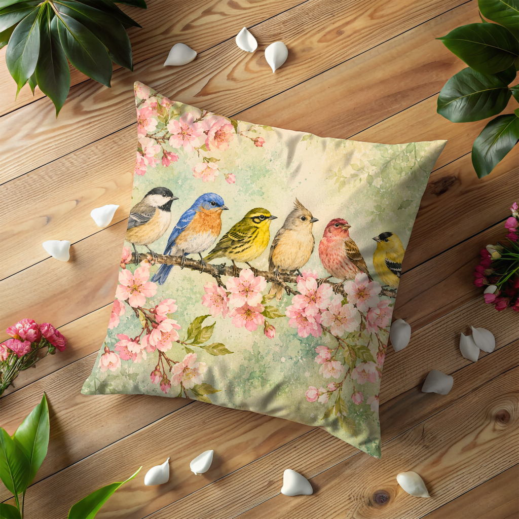 Cherry Blossom Birds Pillow Cover | Spring Nature Art | Gold Crackle Decor